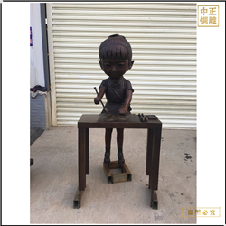 小女孩寫毛筆字銅雕塑 